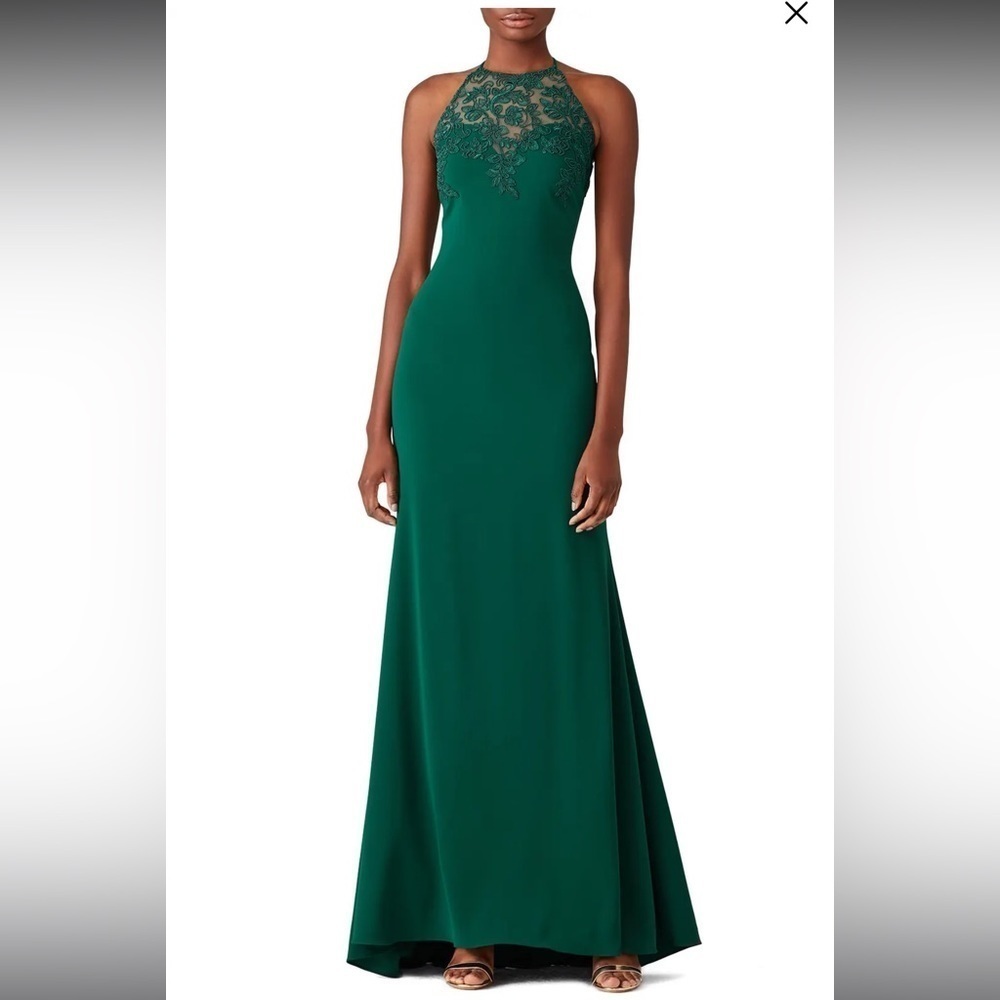 Badgley mischka / emerald green  lace Tyler maxi dress halter neck  gown long 12